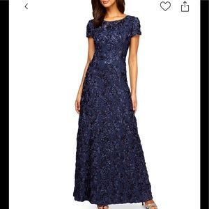 Alex Evenings Embellished Rosette Sequin A Line Long Gown Size 16 - Navy Blue